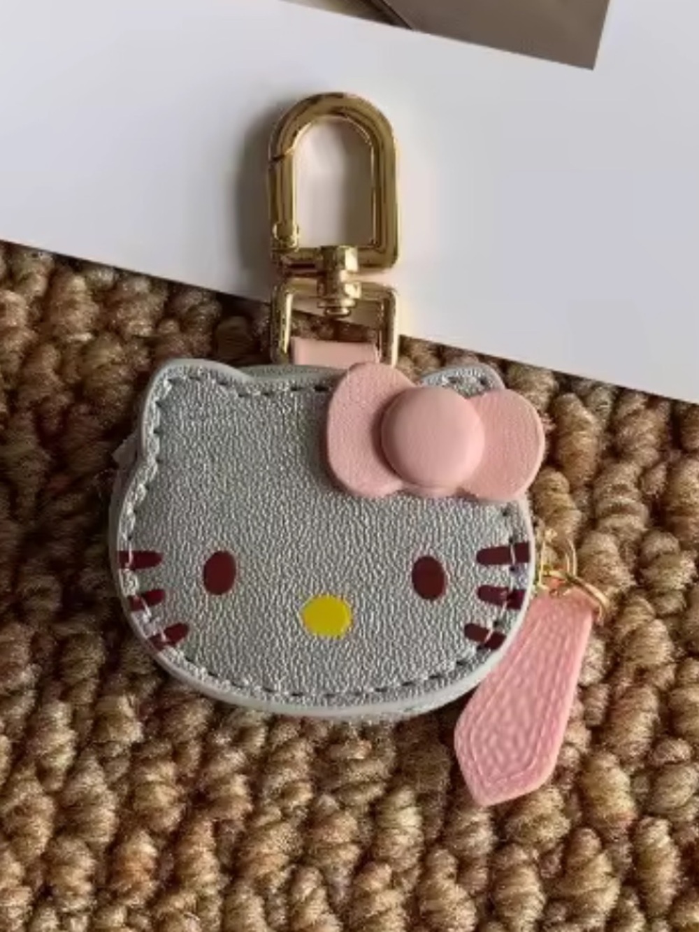 Hello Kitty Silver Face Keychain Pouch with Pink Bow & Gold Clip